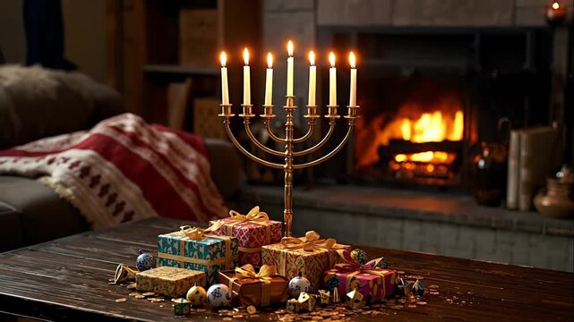 Lighting Hanukkah Menorah Candles With Gifts Near Fireplace