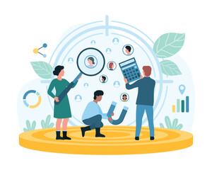 Focus group research service vector illustration. Cartoon tiny people study target audience in centric aim for business promotion and brand product advertising, search success approach for customers