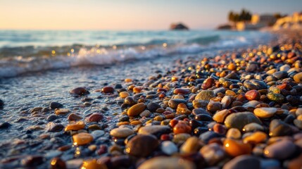 Serene Pebble Beach Shoreline at Golden Hour with Gentle Waves and Distant Horizon.