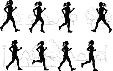 Silhouette woman jogging, running exercise, outdoor fitness, healthy lifestyle, female athlete training, urban park runner, sport activity, active lifestyle illustration