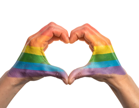 Hands forming a heart shape with rainbow colors isolated on transparent background