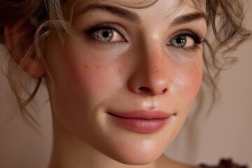 Fototapeta premium Woman with Radiant Skin and Bright Eyes Smiling Gently