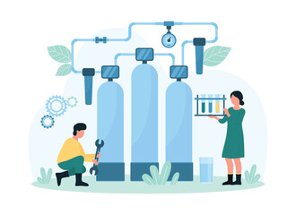 Water purification plant vector illustration. Cartoon tiny people test quality of drinking water purified in industrial filters on station, repair, inspection of water treatment facility by engineers
