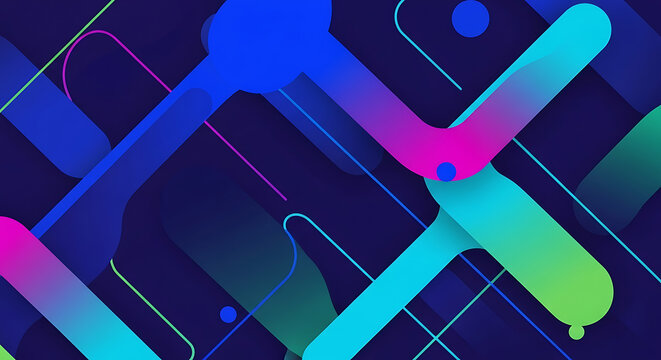 Fototapeta Futuristic Abstract Geometric 3D Shapes with Gradient Colors. Colorful abstract background with 3D geometric shapes, gradient spheres, cubes, and pyramids in modern futuristic design style.