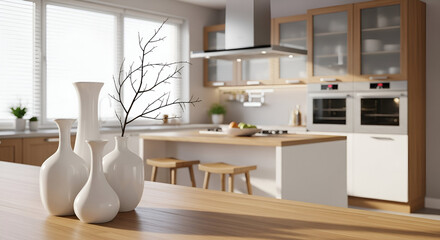 Modern Kitchen Interior With Island And Vases contemporary