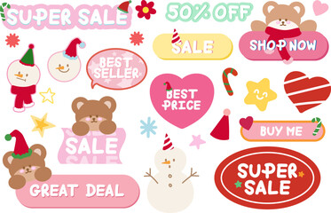 Cute Christmas sale icons such as 50% off, best seller, best price, super sale, great deal, shop now for online shopping, promotion, sticker, banner, special price, discount, button, campaign, ads