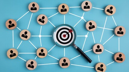 Business network connection with target magnifying glass and wooden figures