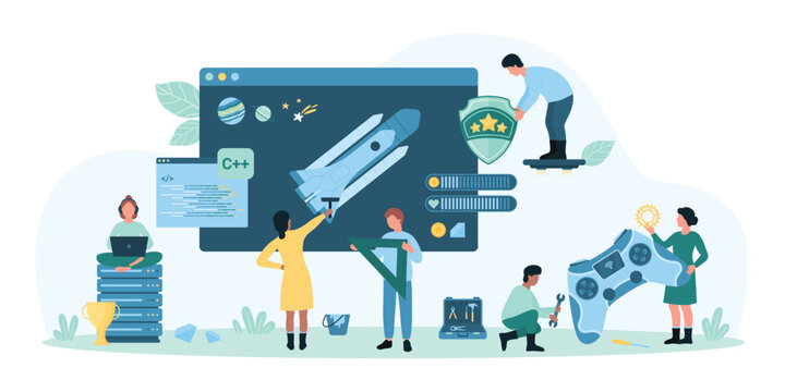 Video game development and production, web gamification technology vector illustration. Cartoon tiny developers coding, people programming online game play and design, develop creative code in editor