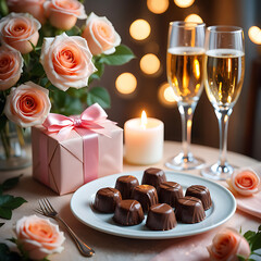 Romantic setting with champagne, chocolates, roses, and a gift box for a special occasion