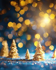 Christmas decoration with golden trees and blue bokeh lights, great for business templates, cards, and New Year greetings