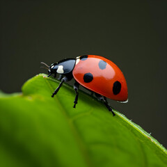 Ladybug on Leaf: A close-up of a vibrant ladybug, adorned with its iconic red shell and black spots, gracefully perches atop a verdant green leaf against a softly blurred background.