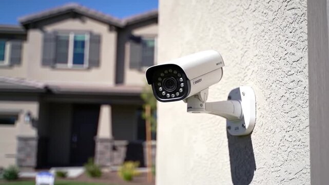 Security Camera Mounted on Textured Exterior Wall of Residential Home