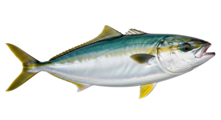 Isolated Yellowtail Amberjack Fish, a Wild Ocean Predator, Sport Fishing and Seafood Harvest