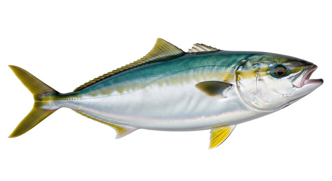 Isolated Yellowtail Amberjack Fish, a Wild Ocean Predator, Sport Fishing and Seafood Harvest