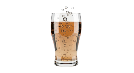 Glass of amber liquid with bubbles rising to the top, set against a plain white background.