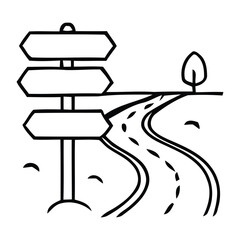 Road splitting with signpost and single tree on white background, fork, junction, vector illustration.