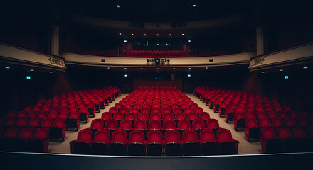 Empty theater auditorium with red velvet seats ready for a performance, creating a sense of anticipation and expectation.