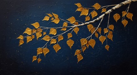 Golden leaves on navy background — elegant autumn branch artwork
