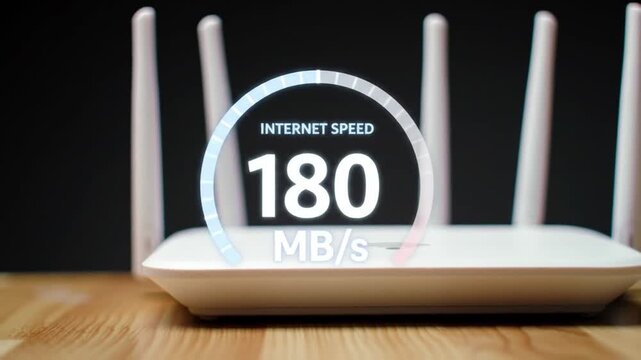 White Wireless Router with Internet Speed Meter on Wooden Table against Black