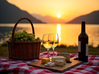 Romantic picnic with wine, cheese, and grapes by a lake at sunset with mountains in the background