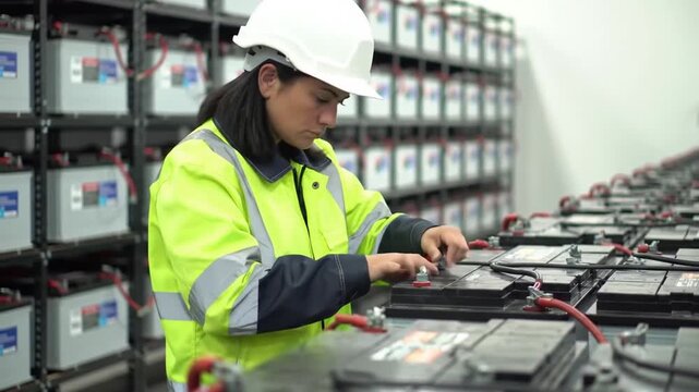 Woman in Safety Gear Inspecting Battery Racks in a Bright Industrial Setting