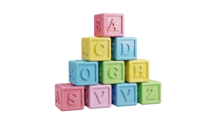 Stack of colorful alphabet blocks arranged in a pyramid shape on a white background.