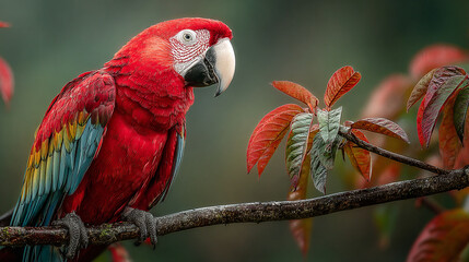 A scarlet macaw perched on a branch with red leaves nearby.