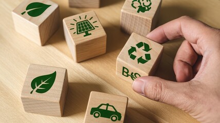 Hand holding a wooden block with recycle symbol eco-friendly concept sustainabili