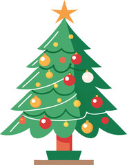 Fototapeta premium Green Christmas tree with orange star and red white yellow ornaments vector illustration