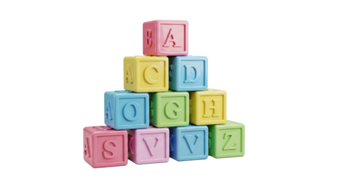 Stack of colorful alphabet blocks arranged in a pyramid shape on a white background.