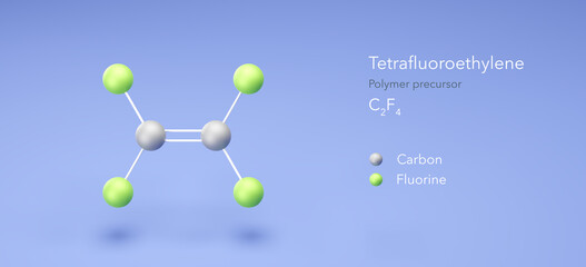 tetrafluoroethylene molecule, molecular structure, skeletal monomer 3d model, Structural Chemical Formula and Atoms with Color Coding