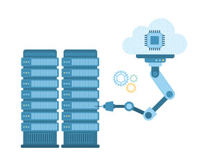 Machine learning vector illustration. Cartoon isolated robotic arm with smart brain connected to cloud storage working with database on server, infographic innovation remote support of business