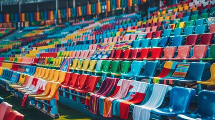 Fototapeta premium Empty football stadium stands with colorful team flags