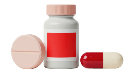 Isolated medication with pill bottle and various tablets, capsules for healthcare treatment