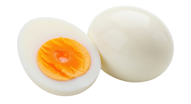 Isolated image of whole and sliced boiled eggs, a healthy food rich in protein, vitamins