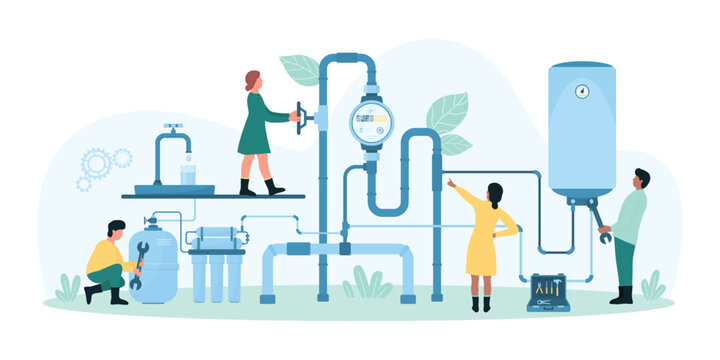 Installation of home water supply system vector illustration. Cartoon tiny people install treatment filter and boiler, plumbing, valves and water meter inspection by workers of maintenance service - Powered by Adobe