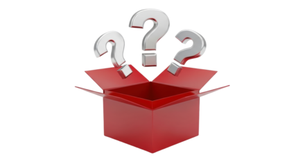Isolated mystery red box with open flaps and silver question marks floating above it