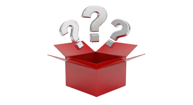 Isolated mystery red box with open flaps and silver question marks floating above it