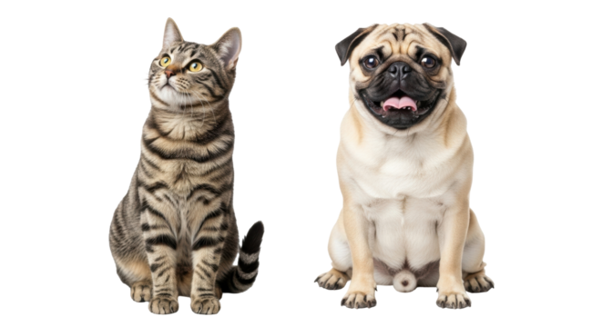 Isolated adorable tabby cat and pug puppy sitting side by side looking happy at viewer