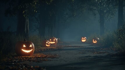 A dark night scene, with illuminated pumpkins in the background showing their carved faces and glowing eyes, perfect for Halloween celebrations.