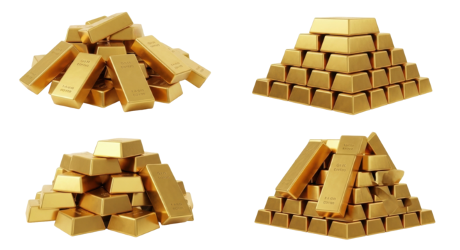 Isolated gold bars on different stacks showing wealth and investment, with no background - Powered by Adobe