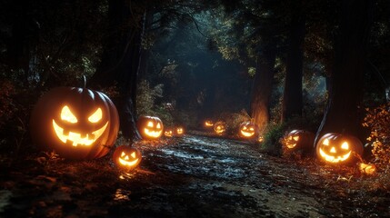 A dark night scene, with illuminated pumpkins in the background showing their carved faces and glowing eyes, perfect for Halloween celebrations.