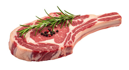 Isolated ribeye steak with rosemary and spices, a fresh meat cut ready for cooking
