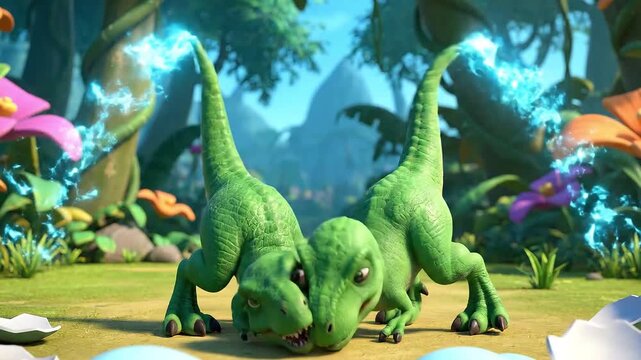 dinosaur egg hatching with electric sparks in vibrant jungle setting, a magical birth sequence in motion