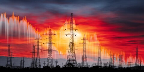 Naklejka premium Dramatic Sunset Behind Silhouetted Power Lines Creating Striking Contrast Against Colorful Clouds