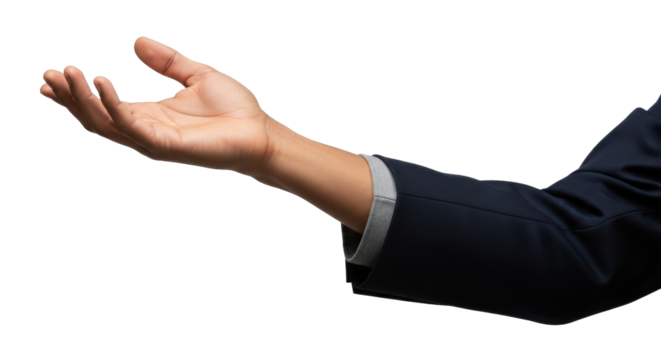 Isolated hand and arm in elegant jacket gesture for display, presenting something special