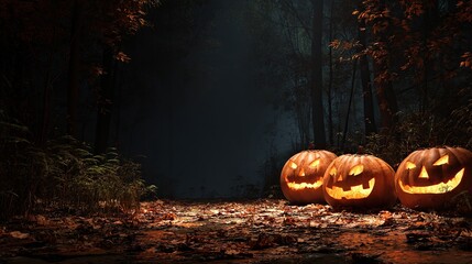 A dark night scene, with illuminated pumpkins in the background showing their carved faces and glowing eyes, perfect for Halloween celebrations.