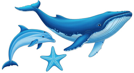 Isolated Aquatic Life featuring a Blue Whale, Dolphin, and Starfish on a Marine Theme
