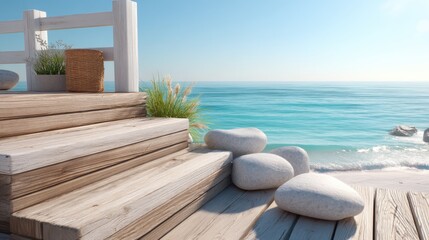 Coastal Deck with Ocean View, White Rocks and Green Plants