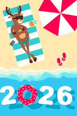 Christmas holiday. Santa Claus relaxing on the beach. 2026 inflatable donuts. Greeting Christmas card	
